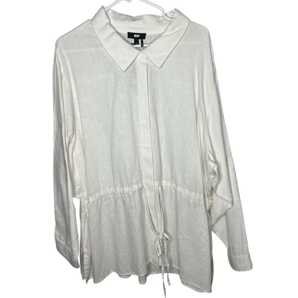 New! DNKY Pam White Waist Tie Relax Fit Linen Blend Women Tunic Top Blouse Sz 2X